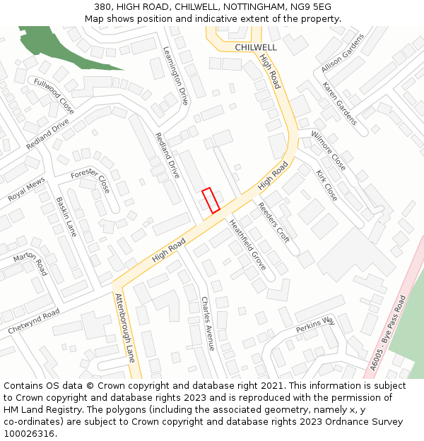 380, HIGH ROAD, CHILWELL, NOTTINGHAM, NG9 5EG: Location map and indicative extent of plot