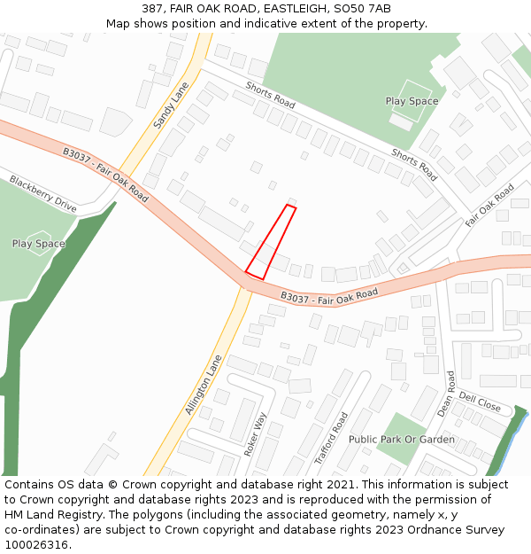 387, FAIR OAK ROAD, EASTLEIGH, SO50 7AB: Location map and indicative extent of plot