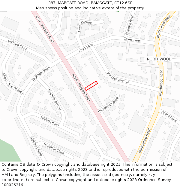 387, MARGATE ROAD, RAMSGATE, CT12 6SE: Location map and indicative extent of plot