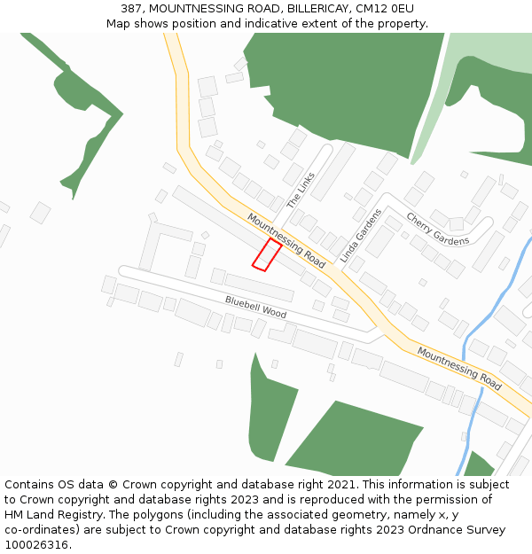 387, MOUNTNESSING ROAD, BILLERICAY, CM12 0EU: Location map and indicative extent of plot