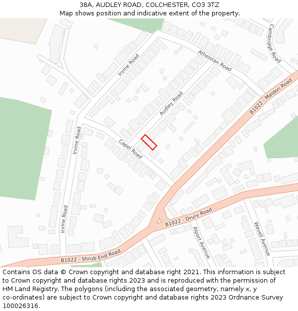 38A, AUDLEY ROAD, COLCHESTER, CO3 3TZ: Location map and indicative extent of plot