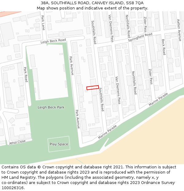 38A, SOUTHFALLS ROAD, CANVEY ISLAND, SS8 7QA: Location map and indicative extent of plot