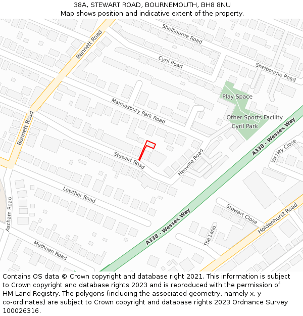38A, STEWART ROAD, BOURNEMOUTH, BH8 8NU: Location map and indicative extent of plot