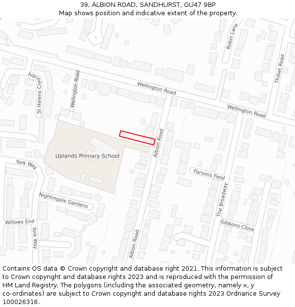 39, ALBION ROAD, SANDHURST, GU47 9BP: Location map and indicative extent of plot