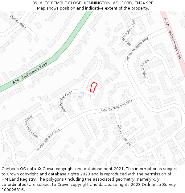 39, ALEC PEMBLE CLOSE, KENNINGTON, ASHFORD, TN24 9PF: Location map and indicative extent of plot