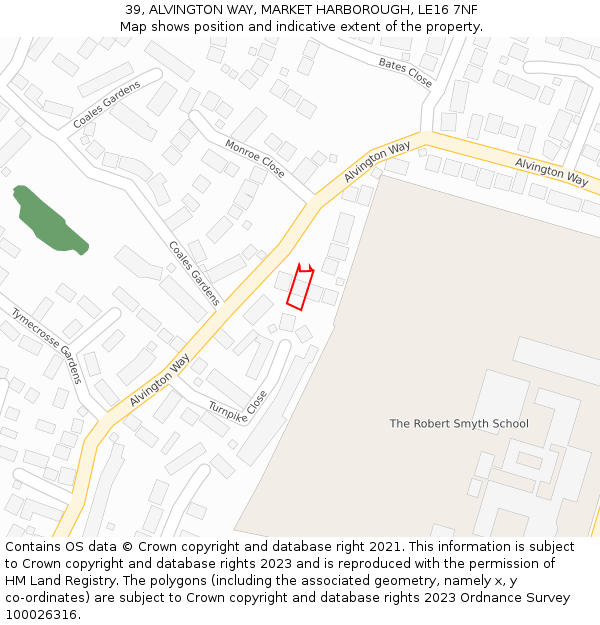 39, ALVINGTON WAY, MARKET HARBOROUGH, LE16 7NF: Location map and indicative extent of plot