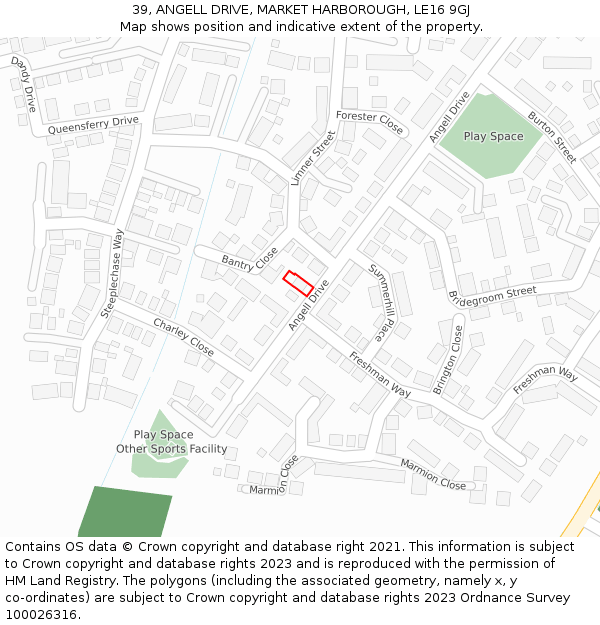 39, ANGELL DRIVE, MARKET HARBOROUGH, LE16 9GJ: Location map and indicative extent of plot