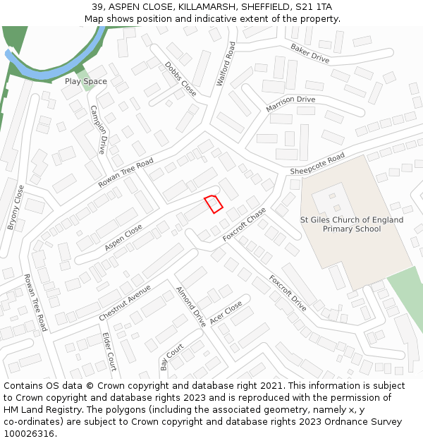 39, ASPEN CLOSE, KILLAMARSH, SHEFFIELD, S21 1TA: Location map and indicative extent of plot