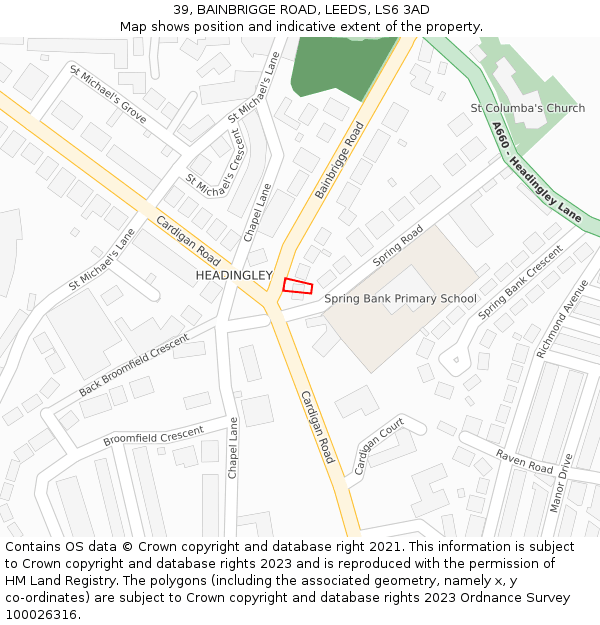 39, BAINBRIGGE ROAD, LEEDS, LS6 3AD: Location map and indicative extent of plot