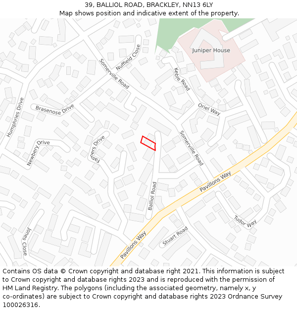 39, BALLIOL ROAD, BRACKLEY, NN13 6LY: Location map and indicative extent of plot