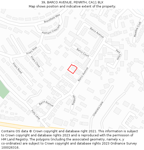 39, BARCO AVENUE, PENRITH, CA11 8LX: Location map and indicative extent of plot