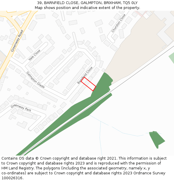 39, BARNFIELD CLOSE, GALMPTON, BRIXHAM, TQ5 0LY: Location map and indicative extent of plot