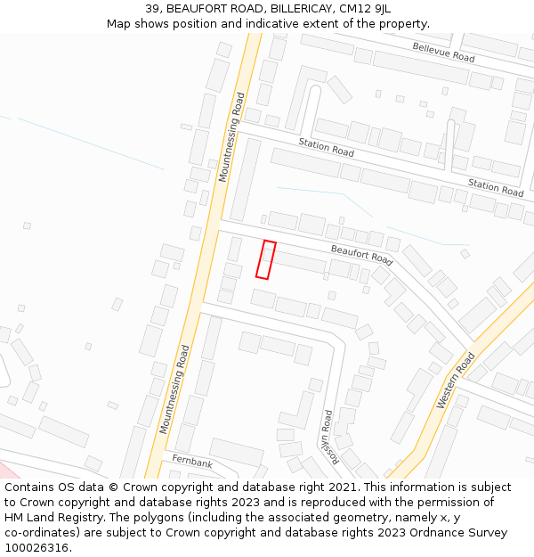 39, BEAUFORT ROAD, BILLERICAY, CM12 9JL: Location map and indicative extent of plot