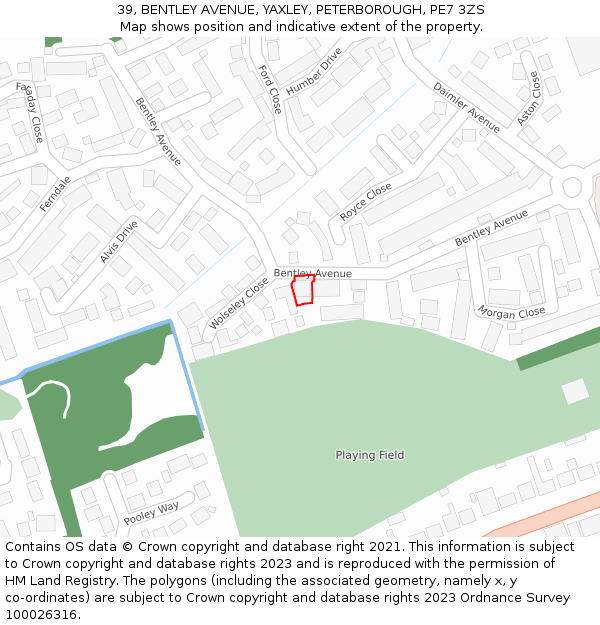 39, BENTLEY AVENUE, YAXLEY, PETERBOROUGH, PE7 3ZS: Location map and indicative extent of plot