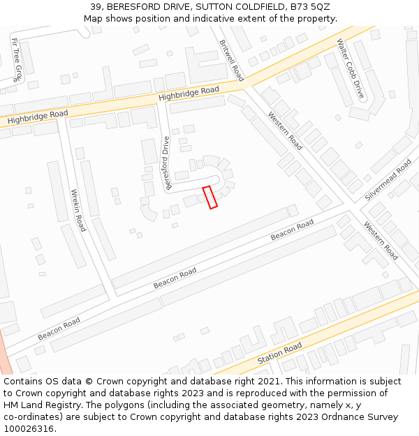 39, BERESFORD DRIVE, SUTTON COLDFIELD, B73 5QZ: Location map and indicative extent of plot