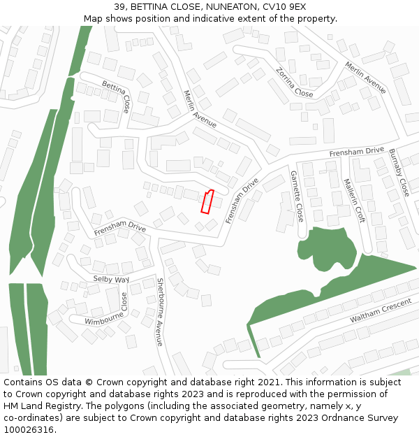 39, BETTINA CLOSE, NUNEATON, CV10 9EX: Location map and indicative extent of plot