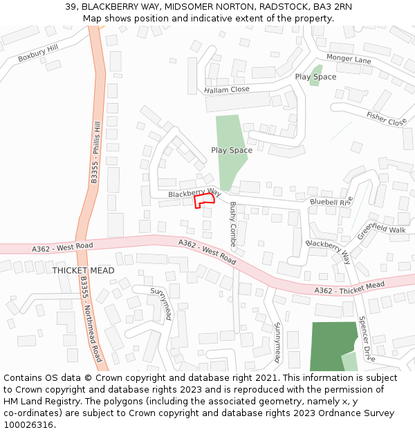 39, BLACKBERRY WAY, MIDSOMER NORTON, RADSTOCK, BA3 2RN: Location map and indicative extent of plot