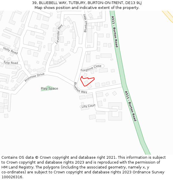 39, BLUEBELL WAY, TUTBURY, BURTON-ON-TRENT, DE13 9LJ: Location map and indicative extent of plot