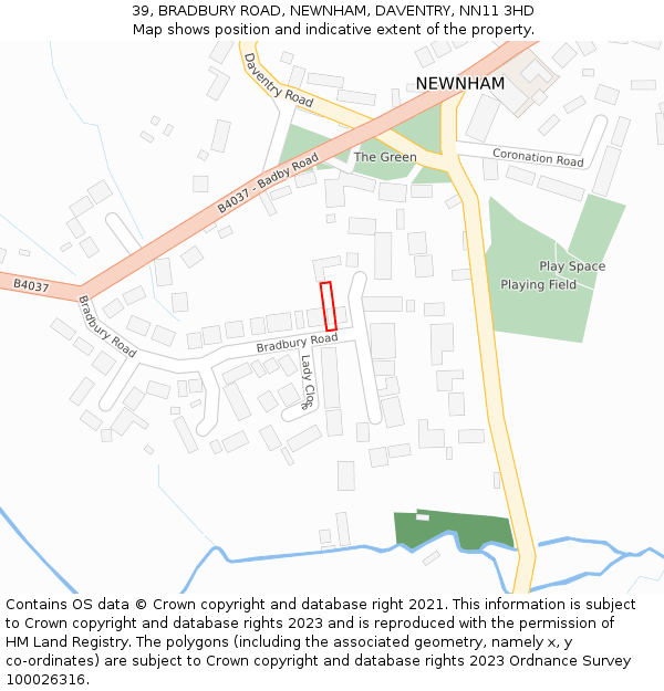 39, BRADBURY ROAD, NEWNHAM, DAVENTRY, NN11 3HD: Location map and indicative extent of plot