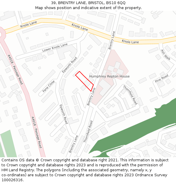 39, BRENTRY LANE, BRISTOL, BS10 6QQ: Location map and indicative extent of plot