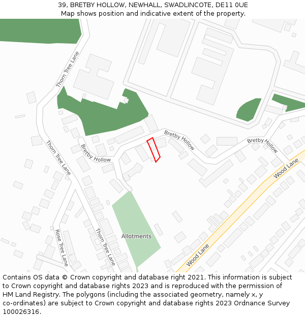 39, BRETBY HOLLOW, NEWHALL, SWADLINCOTE, DE11 0UE: Location map and indicative extent of plot