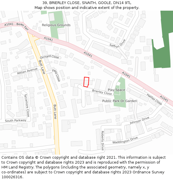 39, BRIERLEY CLOSE, SNAITH, GOOLE, DN14 9TL: Location map and indicative extent of plot