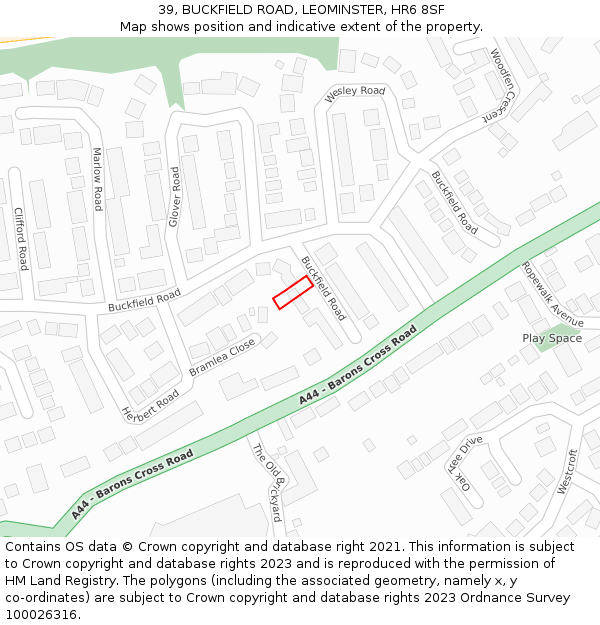 39, BUCKFIELD ROAD, LEOMINSTER, HR6 8SF: Location map and indicative extent of plot