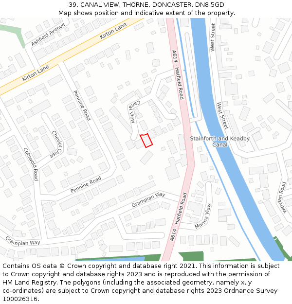39, CANAL VIEW, THORNE, DONCASTER, DN8 5GD: Location map and indicative extent of plot