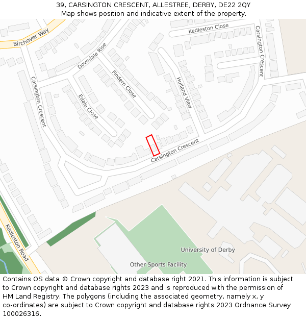 39, CARSINGTON CRESCENT, ALLESTREE, DERBY, DE22 2QY: Location map and indicative extent of plot