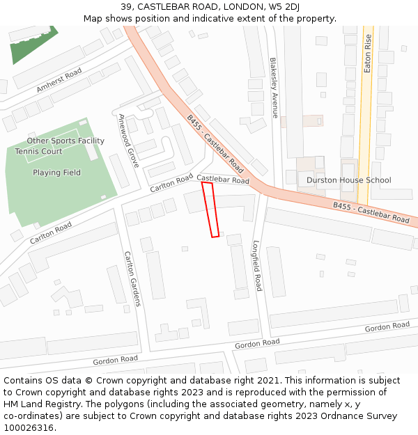 39, CASTLEBAR ROAD, LONDON, W5 2DJ: Location map and indicative extent of plot