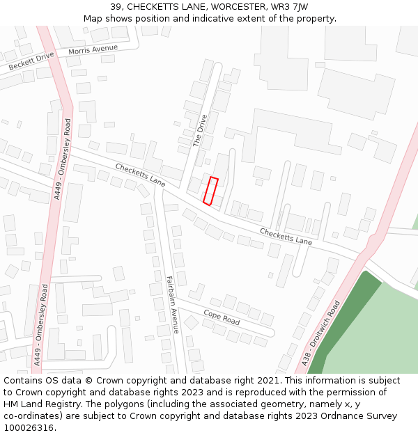 39, CHECKETTS LANE, WORCESTER, WR3 7JW: Location map and indicative extent of plot
