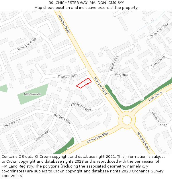 39, CHICHESTER WAY, MALDON, CM9 6YY: Location map and indicative extent of plot