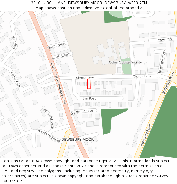 39, CHURCH LANE, DEWSBURY MOOR, DEWSBURY, WF13 4EN: Location map and indicative extent of plot