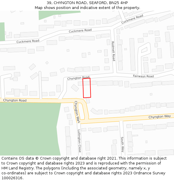 39, CHYNGTON ROAD, SEAFORD, BN25 4HP: Location map and indicative extent of plot