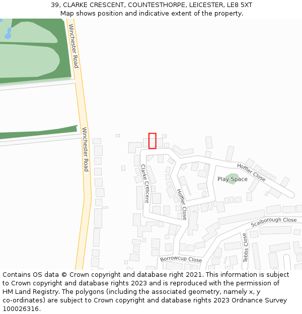 39, CLARKE CRESCENT, COUNTESTHORPE, LEICESTER, LE8 5XT: Location map and indicative extent of plot