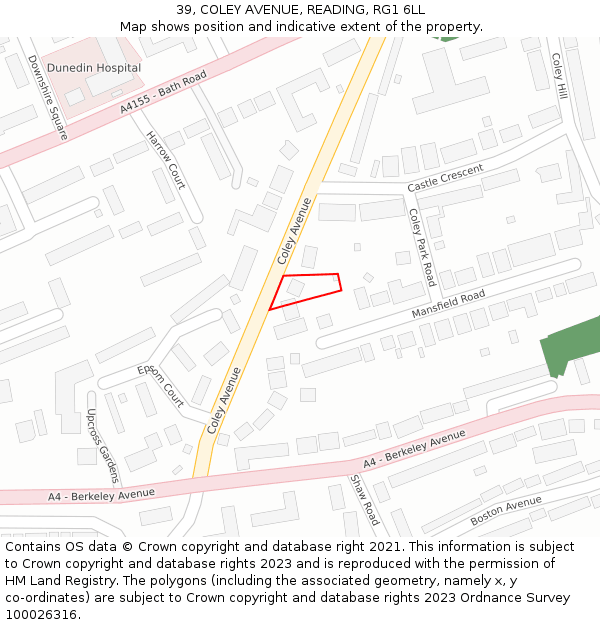 39, COLEY AVENUE, READING, RG1 6LL: Location map and indicative extent of plot