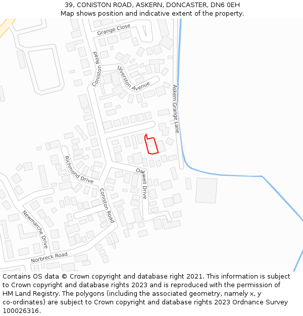 39, CONISTON ROAD, ASKERN, DONCASTER, DN6 0EH: Location map and indicative extent of plot