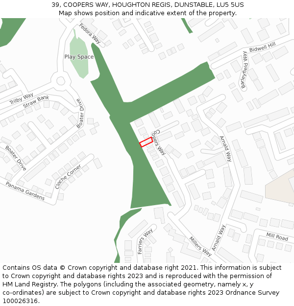 39, COOPERS WAY, HOUGHTON REGIS, DUNSTABLE, LU5 5US: Location map and indicative extent of plot