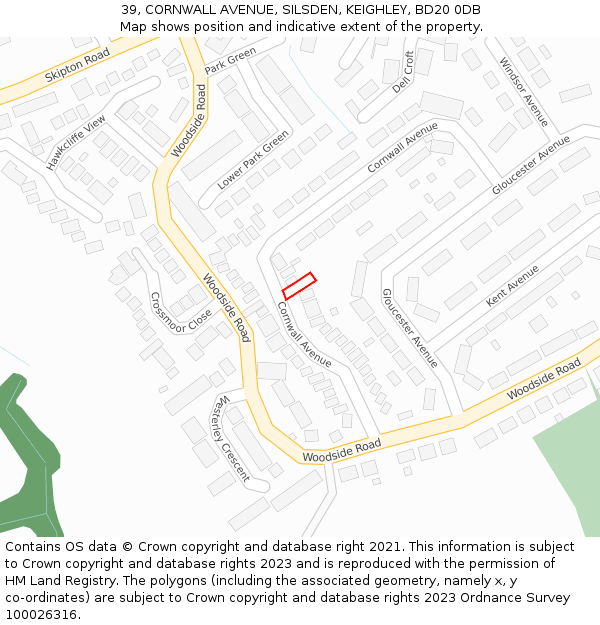 39, CORNWALL AVENUE, SILSDEN, KEIGHLEY, BD20 0DB: Location map and indicative extent of plot