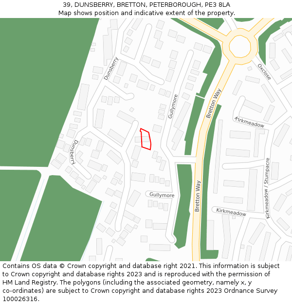 39, DUNSBERRY, BRETTON, PETERBOROUGH, PE3 8LA: Location map and indicative extent of plot