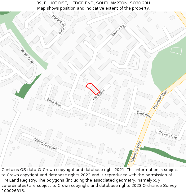 39, ELLIOT RISE, HEDGE END, SOUTHAMPTON, SO30 2RU: Location map and indicative extent of plot