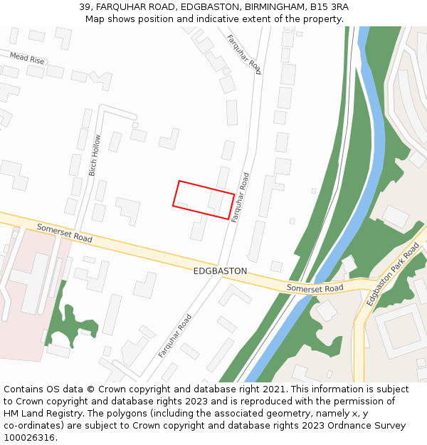 39, FARQUHAR ROAD, EDGBASTON, BIRMINGHAM, B15 3RA: Location map and indicative extent of plot