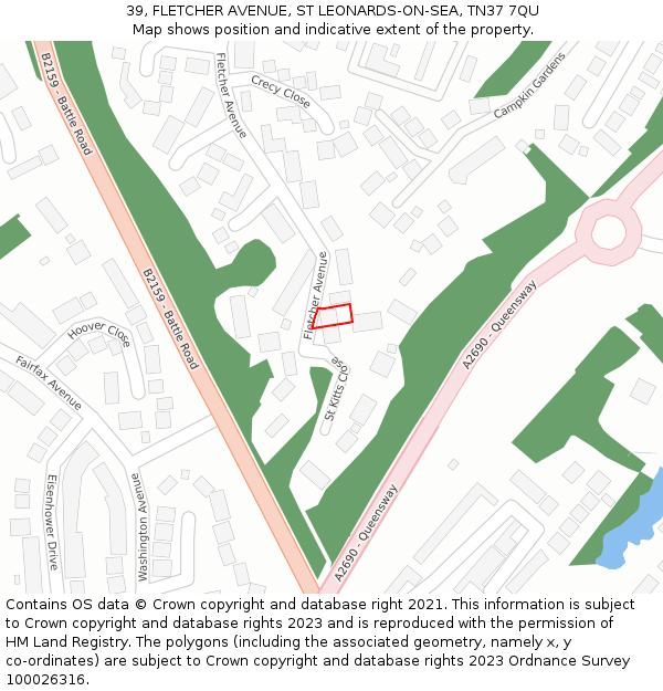 39, FLETCHER AVENUE, ST LEONARDS-ON-SEA, TN37 7QU: Location map and indicative extent of plot