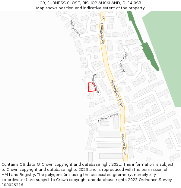 39, FURNESS CLOSE, BISHOP AUCKLAND, DL14 0SR: Location map and indicative extent of plot