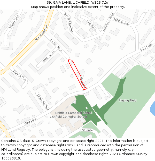39, GAIA LANE, LICHFIELD, WS13 7LW: Location map and indicative extent of plot