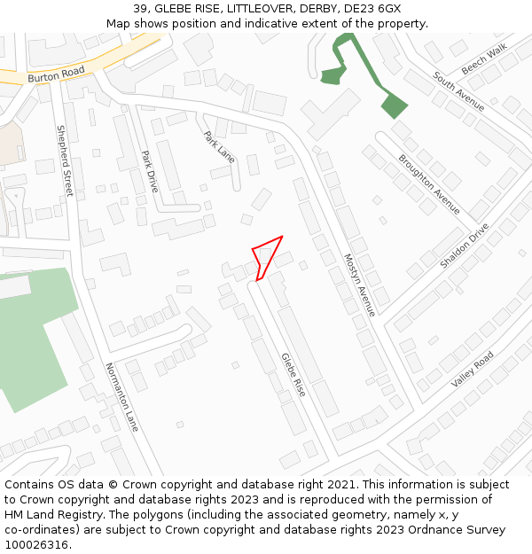 39, GLEBE RISE, LITTLEOVER, DERBY, DE23 6GX: Location map and indicative extent of plot