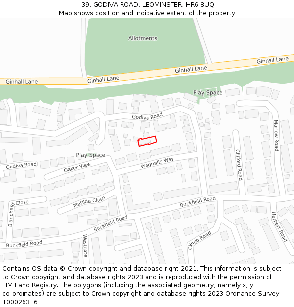 39, GODIVA ROAD, LEOMINSTER, HR6 8UQ: Location map and indicative extent of plot