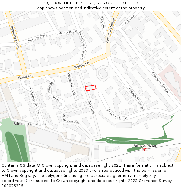 39, GROVEHILL CRESCENT, FALMOUTH, TR11 3HR: Location map and indicative extent of plot