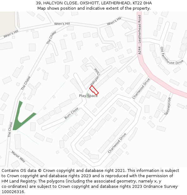 39, HALCYON CLOSE, OXSHOTT, LEATHERHEAD, KT22 0HA: Location map and indicative extent of plot