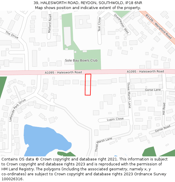 39, HALESWORTH ROAD, REYDON, SOUTHWOLD, IP18 6NR: Location map and indicative extent of plot